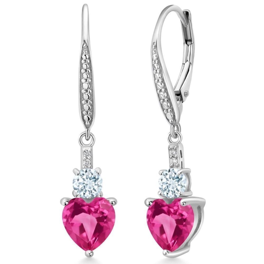 925 Sterling Silver with 3.33 Cttw Pink Sapphire and Aquamarine Heart Earrings